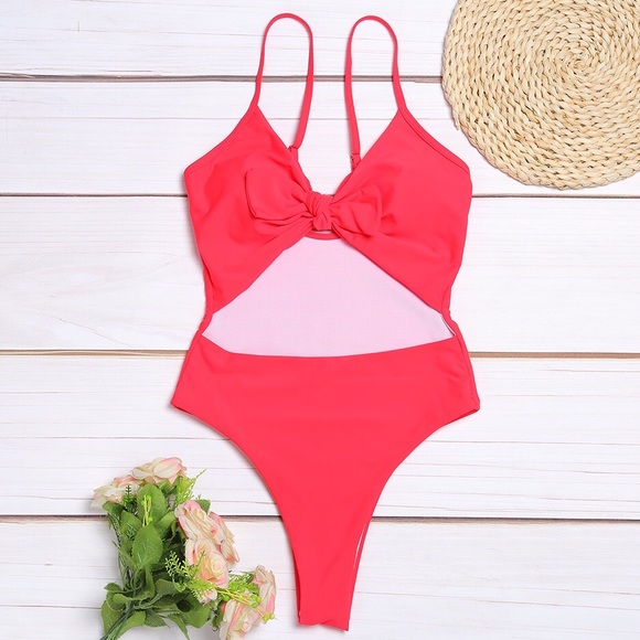 Red Tie front high waisted monokini. - Picture 3 of 5